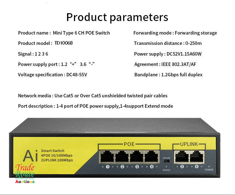 6-Port PoE Ethernet Network Switch Network Power Over Ethernet Injector  for IP Cameras NVRs Etc