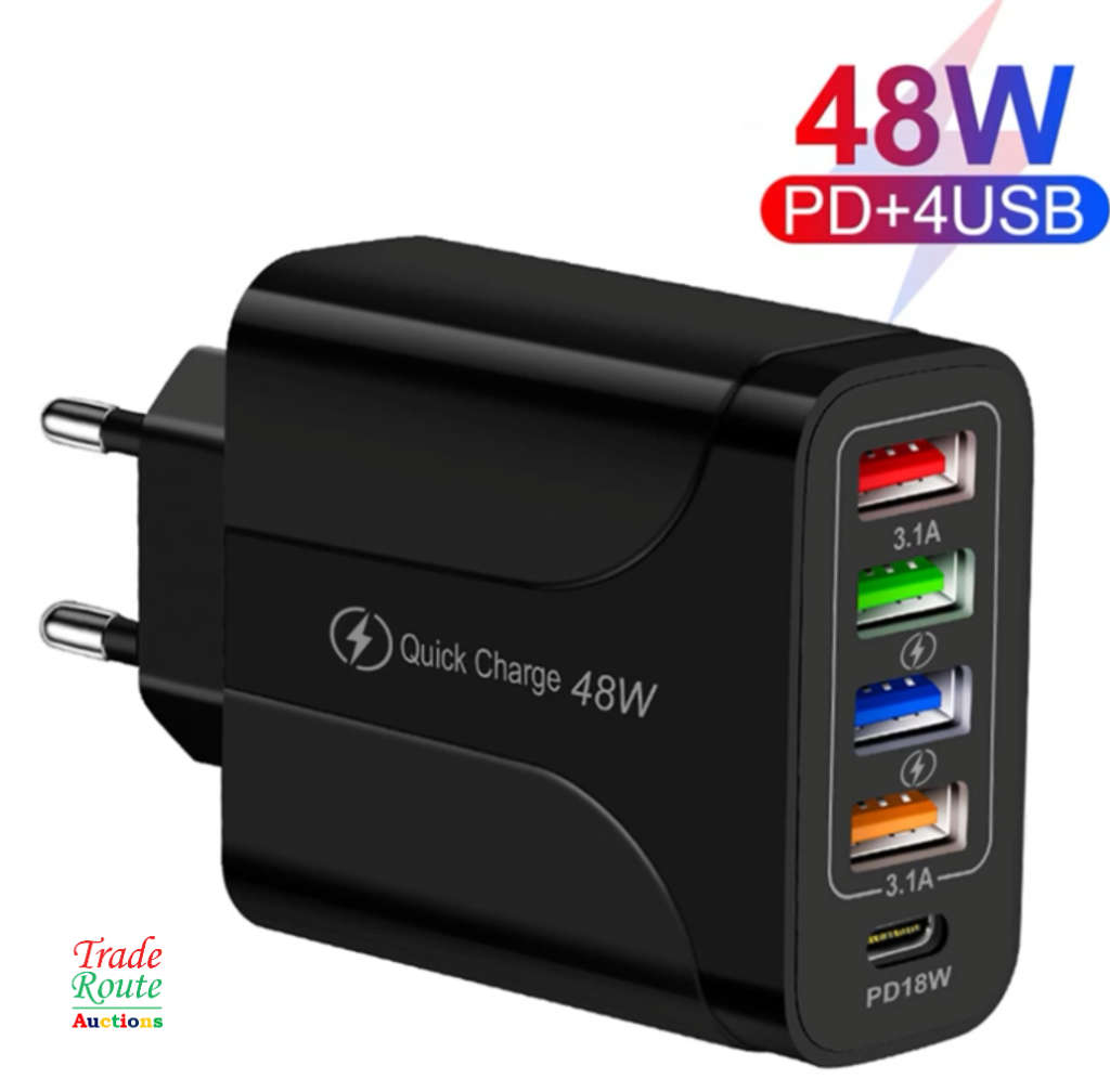 USB C Wall Charger 48W 5 Ports USB Fast Charging USB-C Charger TYPE-C Charger 4xUSB + 1xPD18W