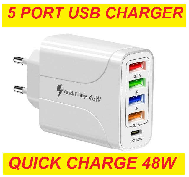 USB C Wall Charger 48W 5 Ports USB Fast Charging USB-C Charger TYPE-C Charger 4xUSB + 1xPD18W