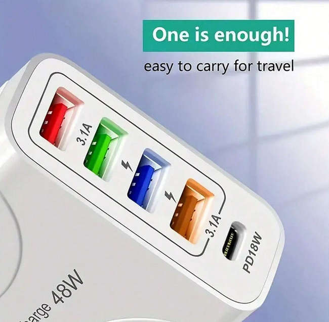 USB C Wall Charger 48W 5 Ports USB Fast Charging USB-C Charger TYPE-C Charger 4xUSB + 1xPD18W