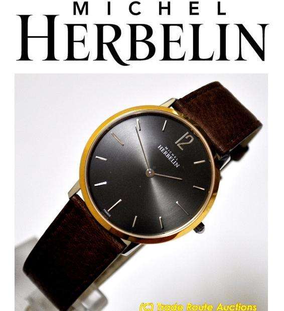 MICHEL HERBELIN MENS LEATHER STRAP WATCH 17015 T14GO CLASSIC WATCH
