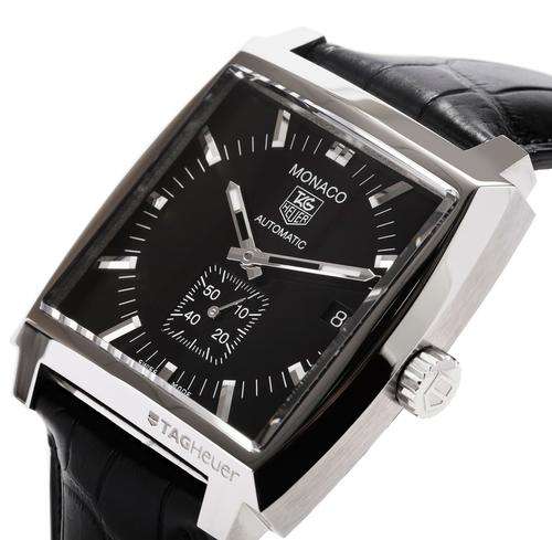 Tag Heuer Men's SS Automatic Monaco WW2110 Date Black Leather Wrist Watch - Box Papers complete