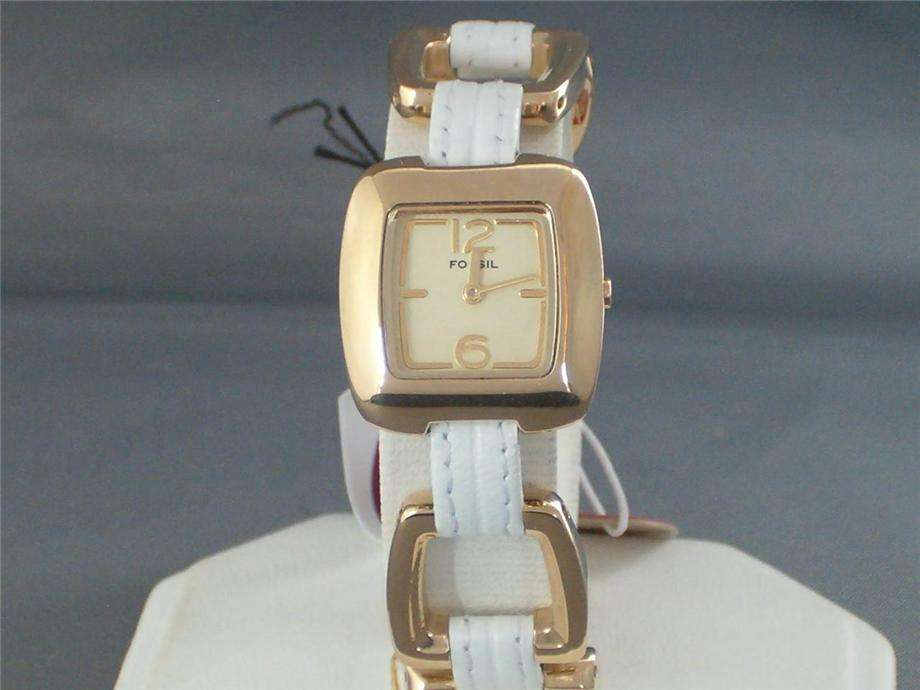 Fossil ES1980 Ladies White Leather Link Bracelet Watch With Gold Dial