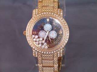 GOLD ICED OUT FLOATING CRYSTALS STEEL CHRONO WATCH BLAC