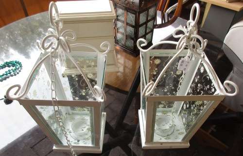 PAIR WHITE GLASS AND METAL HANGING CANDLE  HOLDERS