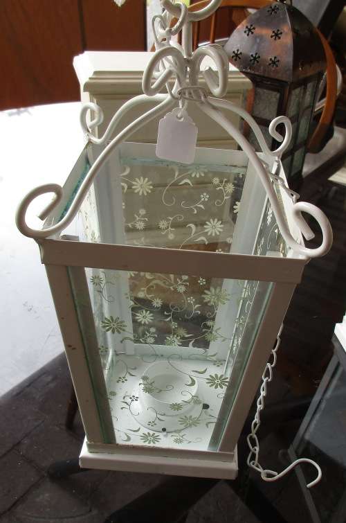 PAIR WHITE GLASS AND METAL HANGING CANDLE  HOLDERS