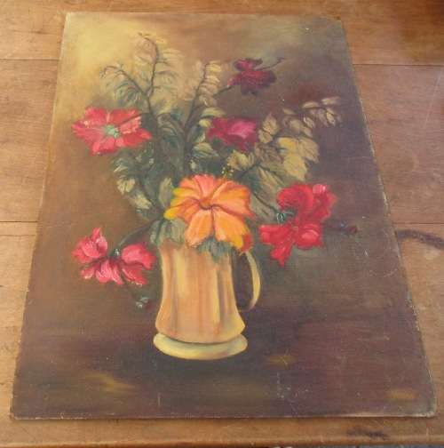 OIL ON BOARD HIBISCUS FLOWERS IN JUG