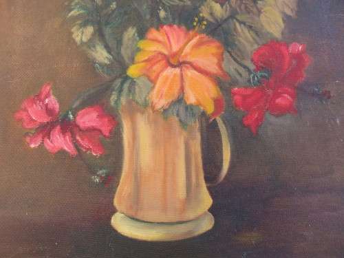 OIL ON BOARD HIBISCUS FLOWERS IN JUG