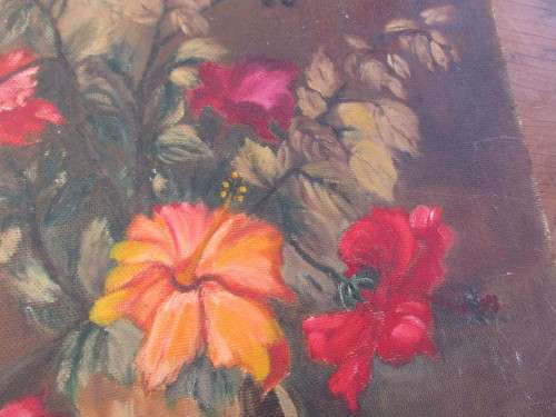 OIL ON BOARD HIBISCUS FLOWERS IN JUG