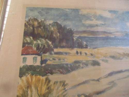 1947 PRINT OF A BEACH SCENE WITH HOUSES
