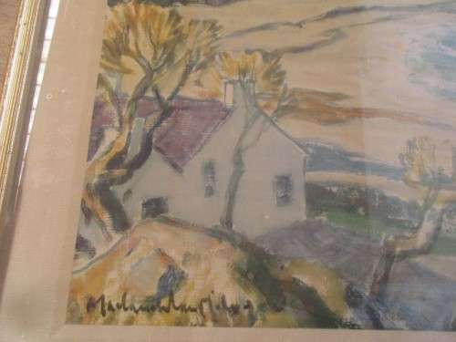 1947 PRINT OF A BEACH SCENE WITH HOUSES