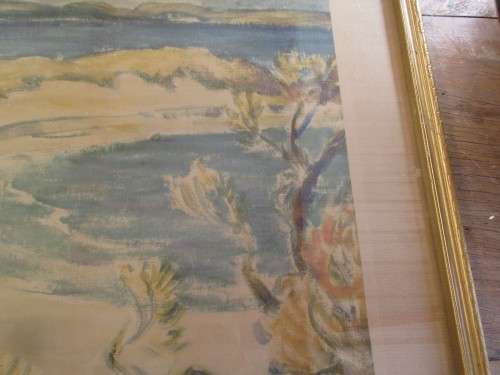 1947 PRINT OF A BEACH SCENE WITH HOUSES