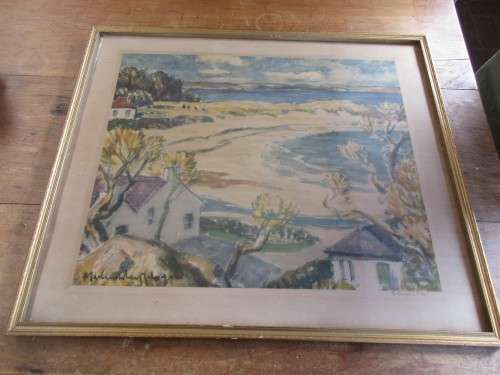 1947 PRINT OF A BEACH SCENE WITH HOUSES