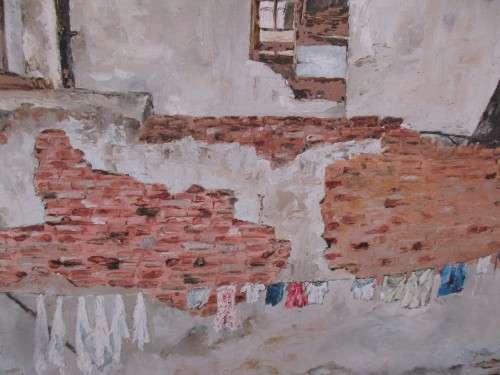 LOVELY OIL ON BOARD WASHING DAY SCENE  SIGNED R PEARCE