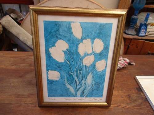 PAINTING OF  WHITE TULIPS ON BLUE BACKGROUND ENTITLED PROOF
