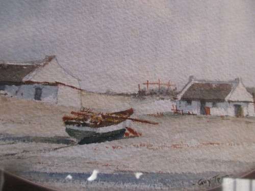 BEAUTIFUL WATERCOLOUR COTTAGES WITH BOAT SIGNED GUY TODD