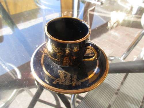 GREEK 24 KARAT  SET 6 DEMI TASSE CUPS AND SAUCERS