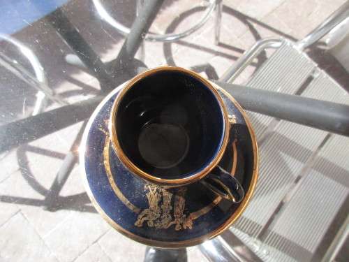 GREEK 24 KARAT  SET 6 DEMI TASSE CUPS AND SAUCERS