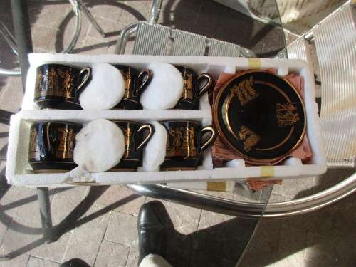 GREEK 24 KARAT  SET 6 DEMI TASSE CUPS AND SAUCERS