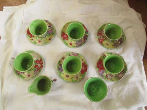 6SHORTER AND SONS 1930'S DEMI TASSE EXPRESSO CUPS AND SAUCERS WITH MILK JUG AND SUGAR BOWL