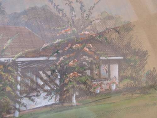 PASTEL B CUNNINGHAM HOUSE AMONGST TREES 1980