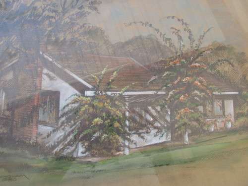 PASTEL B CUNNINGHAM HOUSE AMONGST TREES 1980
