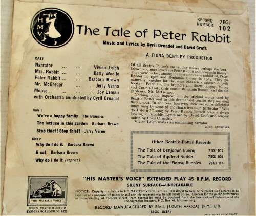 BEATRIX POTTER THE TALE OF PETER RABBIT  VOICE OF  VIVIEN LEIGH HIS MASTERS VOICE 7EGJ 102