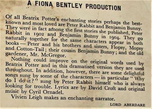 BEATRIX POTTER THE TALE OF PETER RABBIT  VOICE OF  VIVIEN LEIGH HIS MASTERS VOICE 7EGJ 102