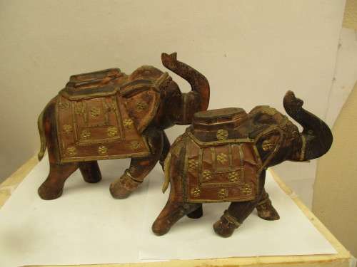 BEAUTIFUL TWO WOOD CARVED AND COPPER INDIAN ELEPHANTS