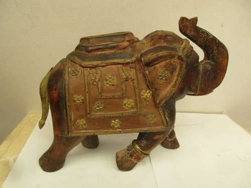 BEAUTIFUL TWO WOOD CARVED AND COPPER INDIAN ELEPHANTS