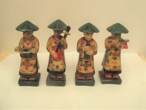 4 CHINESE  HANDPAINTED RESIN MUSICIANS PLAYING FLUTES, GUITARS