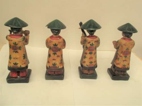 4 CHINESE  HANDPAINTED RESIN MUSICIANS PLAYING FLUTES, GUITARS