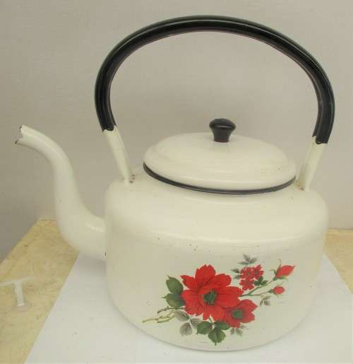 LOVELY OLD ENAMEL WHITE PAINTED KETTLE