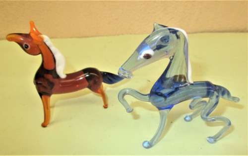 TWO BEAUTIFUL MURANO HORSES ONE B,UE ND THE OTHER BROWN BOTH WITH WHITE MANES