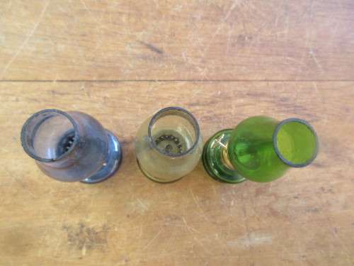 SET OF THREE OIL LAMPS , GREEN, BLUE AND  AMBER COLOUR.