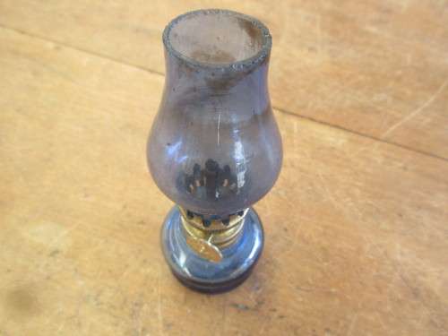 SET OF THREE OIL LAMPS , GREEN, BLUE AND  AMBER COLOUR.