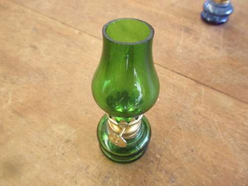 SET OF THREE OIL LAMPS , GREEN, BLUE AND  AMBER COLOUR.