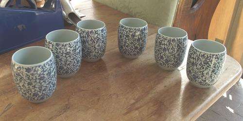 SET OF 6 BLUE AND GREY PORCELAIN CUPS