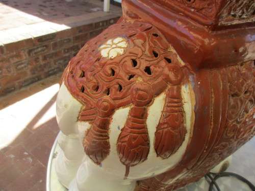 LOVELY ! BIG CERAMIC WHITE AND BROWN  ELEPHANT IT HAS AN INTERIOR LIGHT