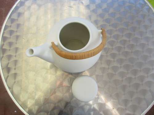 ARABIA FINLAND MATT WHITE TEAPOT WITH WICKER HANDLE
