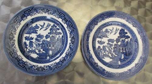 TWO CHURCHILL AND JOHNSON BROS BLUE AND WHITE WILLOW PATTERN SIDE PLATES
