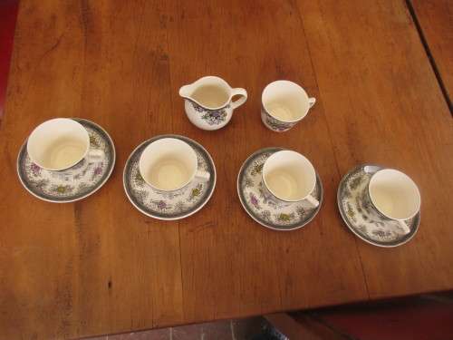 SET OF FOUR EGERSUND (NORWAY)  CUPS AND SAUCERS PLUS  MILK JUG AND SPARE CUP c 1940`s