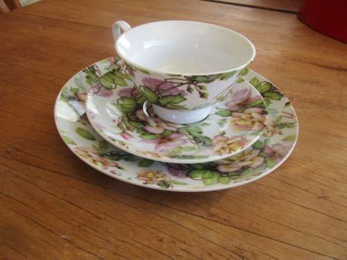 BEAUTIFUL SET OF SIX  ROSE CUPS ,SAUCERS AND SIDE PLATES (18 PIECES)
