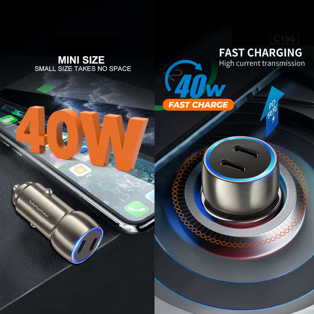 SWEG Gadgets Fast Charging 40W Car Charger C190 Dual Type-C Ports METAL