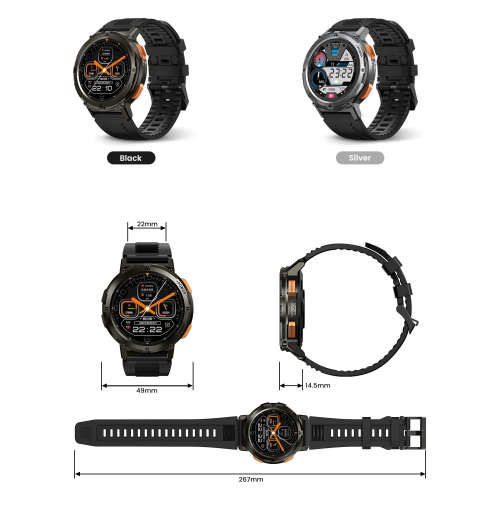 KOSPET TANK T2 Tough Rugged Smartwatch Activity Tracker with AMOLED Screen - Black
