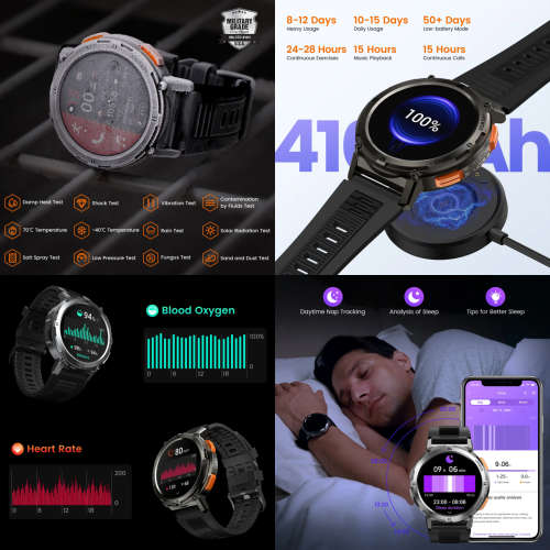 KOSPET TANK T2 Tough Rugged Smartwatch Activity Tracker with AMOLED Screen - Black