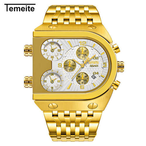 Relogio Top Brand TEMEITE Big Quartz Watches Men Military Waterproof Business Wristwatch Luxury Gold