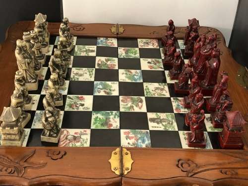 STUNNING CHINESE STONE CHESS SET WITH FOLDABLE BOARD WITH DRAWERS FOR PIECES