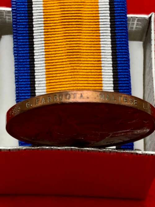 036) RARE BRONZE WW1 WAR MEDAL GIVEN TO PORTERS AND LABORERS -2393 G FARRUGIA MALTESE LABOUR CORE