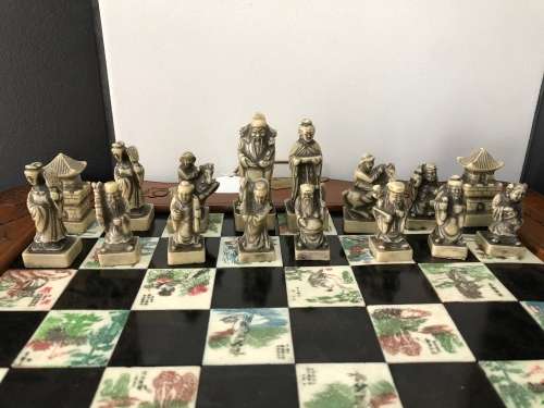 STUNNING CHINESE STONE CHESS SET WITH FOLDABLE BOARD WITH DRAWERS FOR PIECES